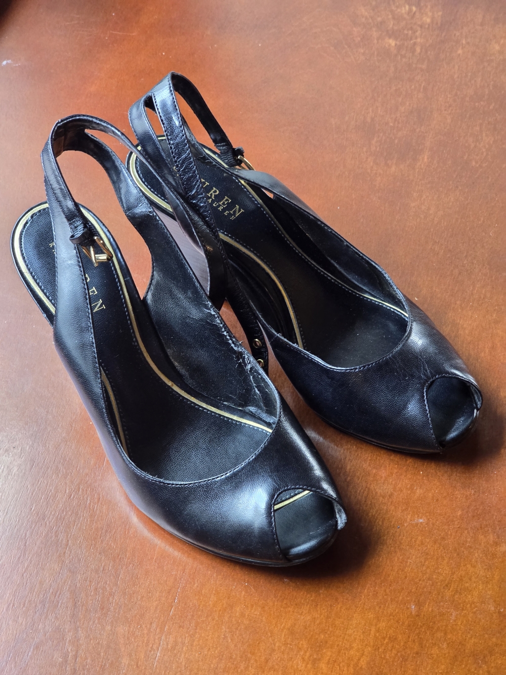 Ralph Lauren Black Peep-Toe Slingback Heels